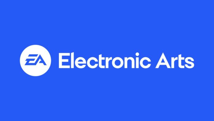 โลโก้ Electronic Arts (EA) สีขาว บนพื้นหลังสีน้ำเงินเข้ม