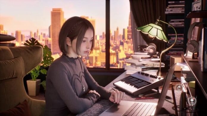 หญิงสาวนั่งอยู่หน้าโต๊ะทำงานภายในห้อง พร้อมคีย์บอร์ดและอุปกรณ์ต่าง ๆ โดยมีวิวเมืองยามเย็น