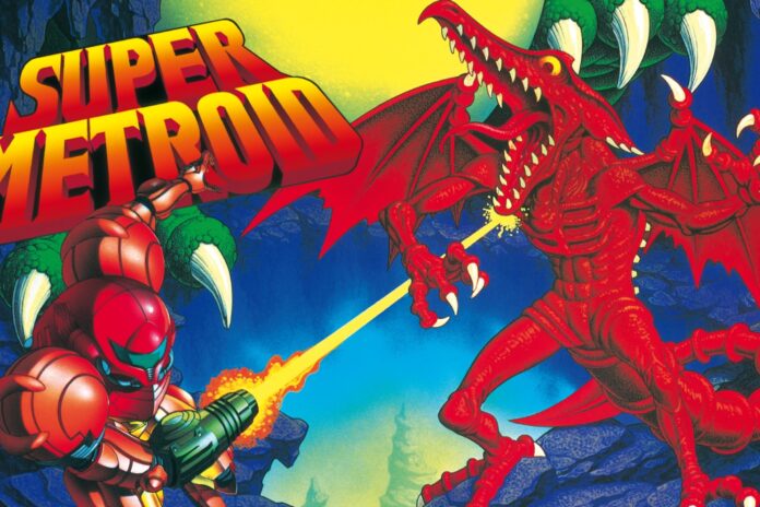 ภาพหน้าปกเกม Super Metroid บนเครื่อง Super Famicom แสดงตัวละคร Samus Aran กำลังต่อสู้กับมอนสเตอร์
