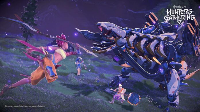 ภาพ Key Art เกม Horizon Hunters Gathering แสดงตัวละครต่อสู้กับหุ่นยนต์ไดโนเสาร์