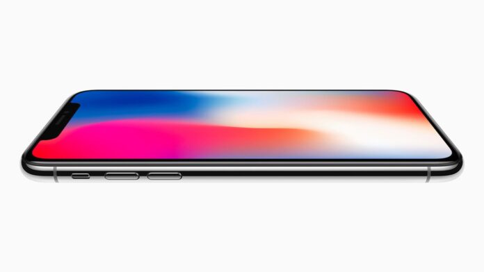 iPhone X มุมมองด้านข้าง แสดงหน้าจอและตัวเครื่องบนพื้นหลังสีขาว