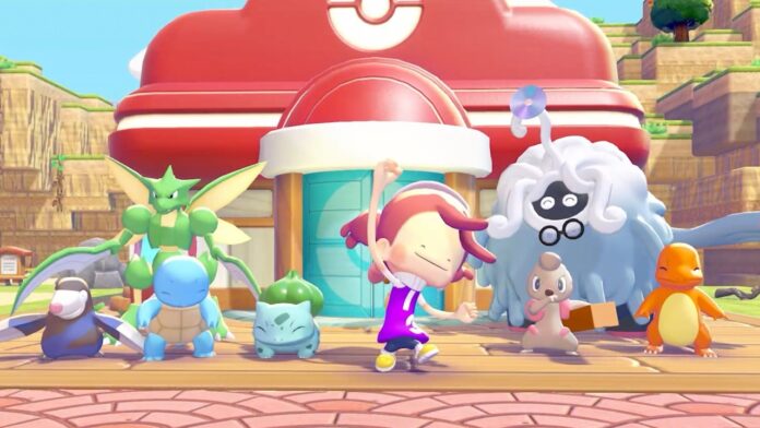 Pokémon Pokopia พร้อมตัวละคร Pokémon หลายตัว บริเวณหน้าอาคารสีแดงภายในเกม