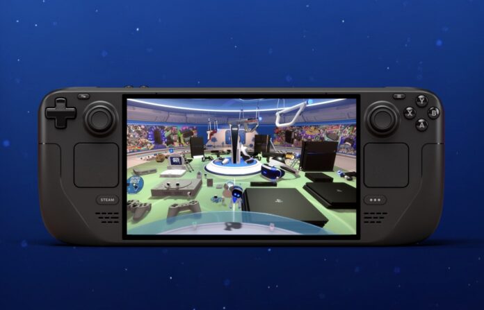 Steam Deck พร้อมภาพหน้าจอเกม Astro’s Playroom จาก PS5 แสดงอยู่บนหน้าจอเครื่อง