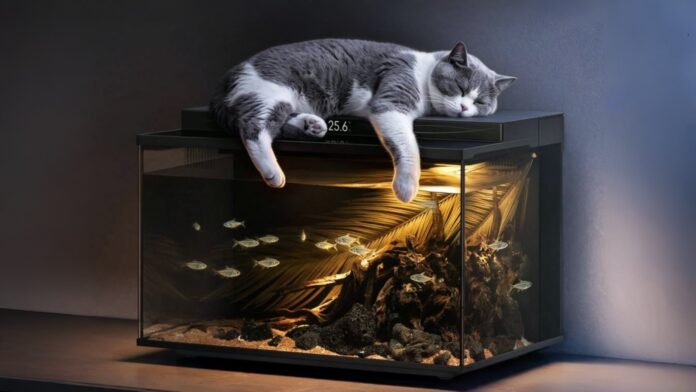 ตู้ปลาอัจฉริยะ Xiaomi Mijia Smart Fish Tank 2 Pro มีแมวนอนอยู่ด้านบน