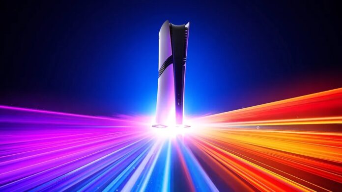 เครื่องเกม PlayStation 5 Pro บนพื้นหลังแสงหลากสี