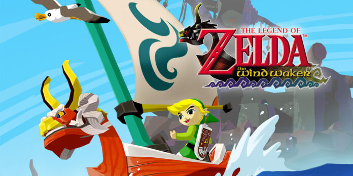 ภาพ Link บนเรือแล่นอยู่กลางทะเล พร้อมโลโก้ The Legend of Zelda: The Wind Waker อยู่ด้านบน