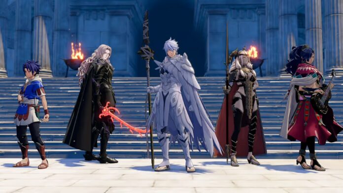 ตัวละครจาก Fire Emblem: Fortune’s Weave ทั้ง 5 คนยืนอยู่หน้าบันไดภายในปราสาท