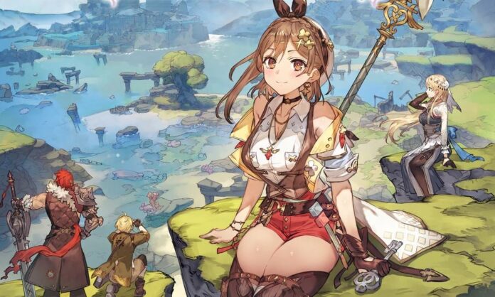 ภาพตัวละคร Ryza จากเกม Atelier RyzaChat ในชุดประจำตัว นั่งยิ้มอยู่บริเวณริมหน้าผา