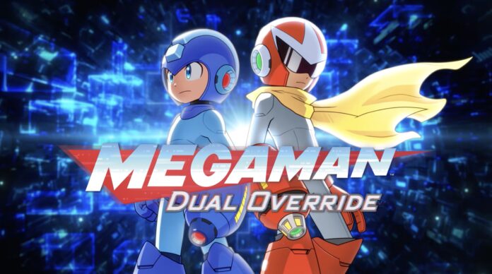 โลโก้เกม Mega Man: Dual Override พร้อมภาพตัวละคร Mega Man และ Proto Man