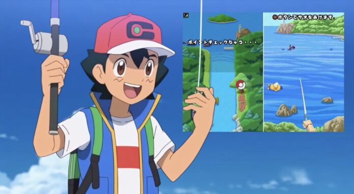 ตัวละครถือคันเบ็ดตกปลา พร้อมภาพหน้าจอเกมตกปลาบน Nintendo DS แสดงอยู่มุมขวาบนของภาพ