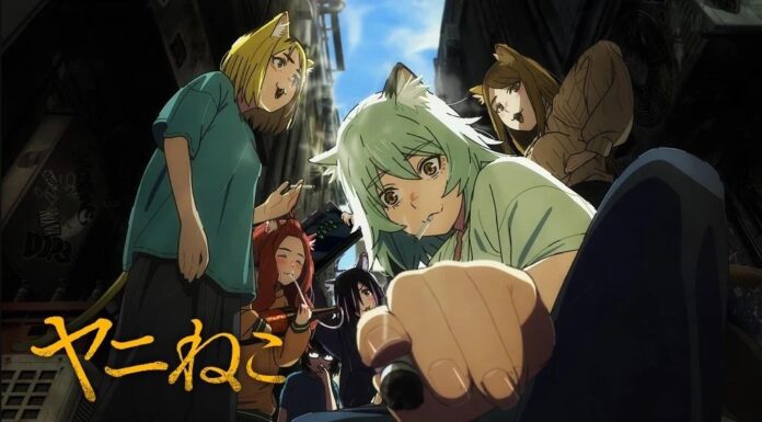 ตัวละครจากอนิเมะ Chainsmoker Cat รวมตัวกันในฉากภายในอาคาร