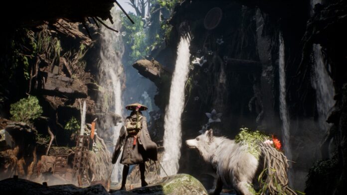 ภาพตัวละคร จากเกม Beast of Reincarnation ยืนอยู่ในฉากป่าไม้และน้ำตก