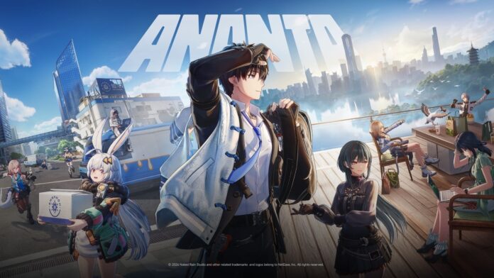 ตัวละครจาก ANANTA ภายในฉากเมือง พร้อมโลโก้เกม