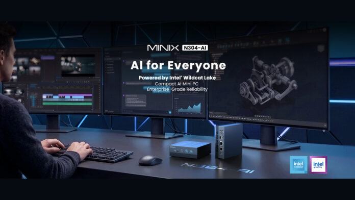 MINIX N304-AI Mini PC บนโต๊ะทำงานพร้อมจอภาพสามจอ