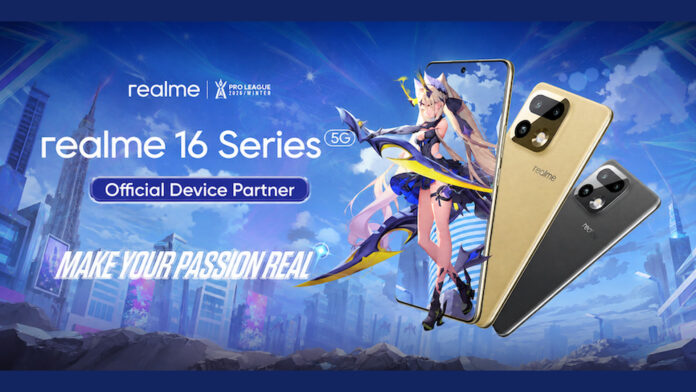 realme 16 Series 5G พร้อมตัวละคร RoV และข้อความ Official Device Partner ของ RPL 2026 Winter