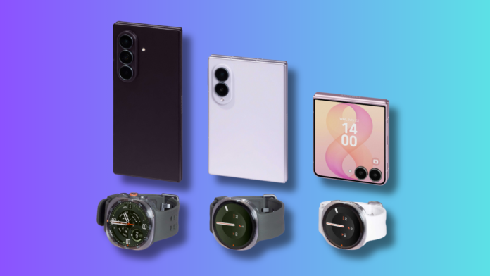 Samsung Galaxy Z8 Series รุ่น Fold8 Ultra, Fold8 และ Flip8 พร้อม Galaxy Watch Ultra2 และ Watch9 บนพื้นหลังสีม่วงฟ้า