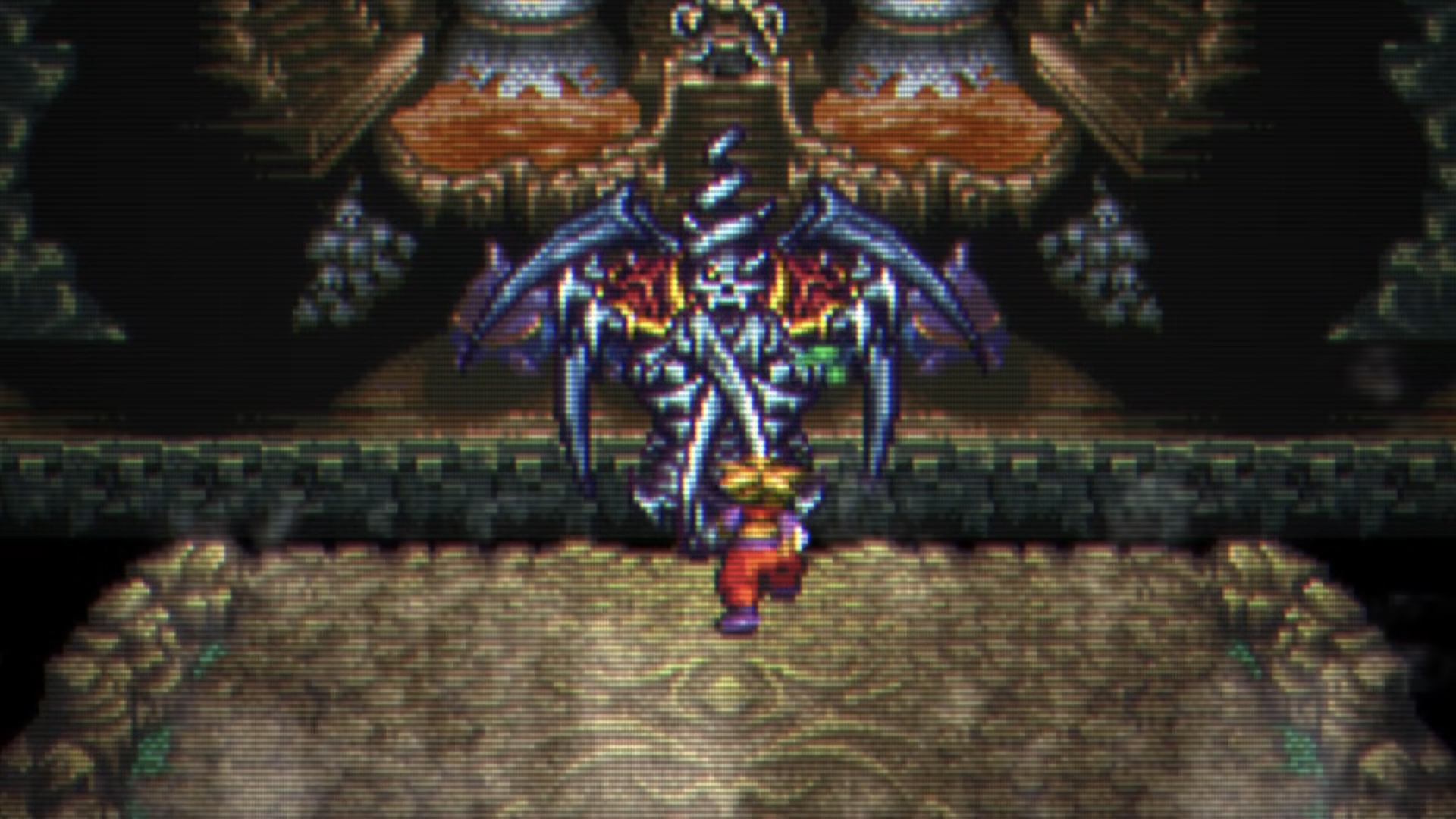 Ark ถือหอกวิ่งเข้าหาศัตรูขนาดใหญ่ภายในฉากต่อสู้ของ Terranigma