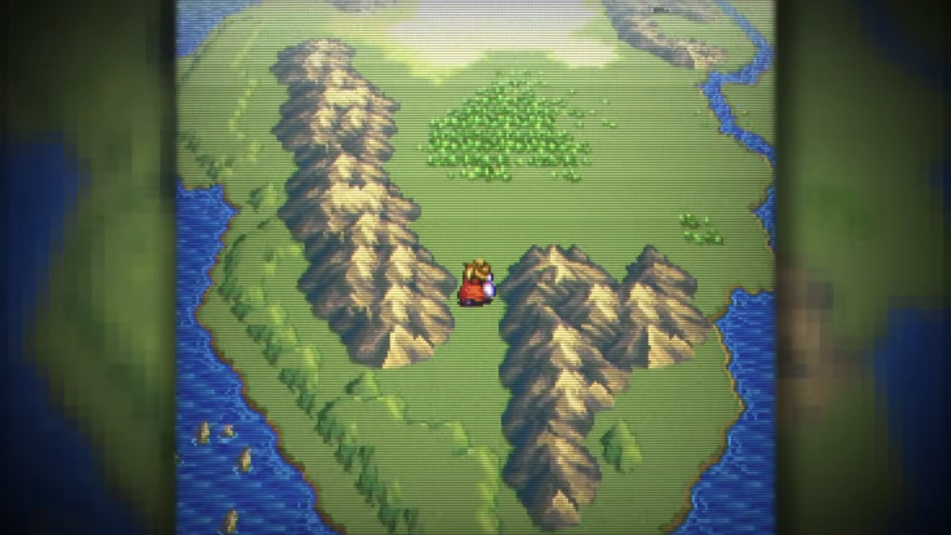 Ark เดินทางบนแผนที่โลกซึ่งมีภูเขา ป่า และแม่น้ำในเกม Terranigma