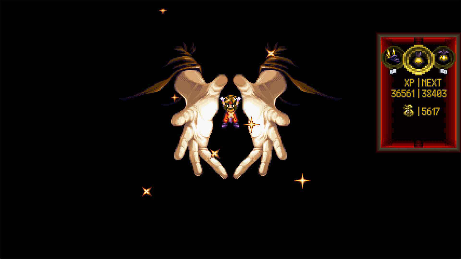 Ark ยืนอยู่ระหว่างมือขนาดใหญ่ในฉากพื้นหลังสีดำของ Terranigma