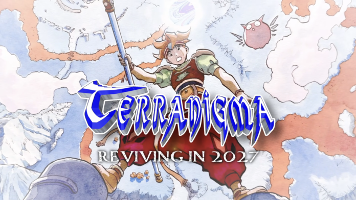 Ark ตัวเอกของ Terranigma พร้อมโลโก้เกมและข้อความ Reviving in 2027