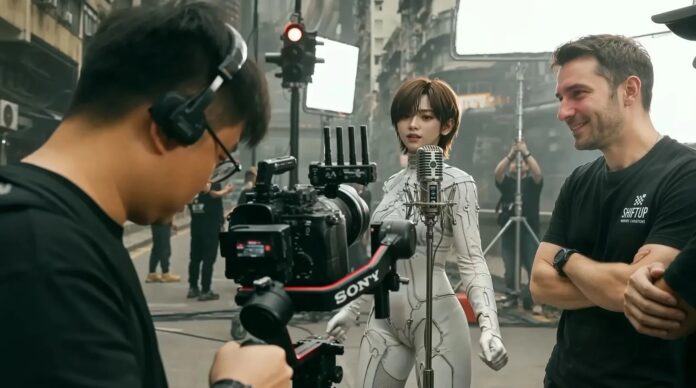 ภาพจำลองเบื้องหลังการถ่ายทำมิวสิกวิดีโอ Stellar Blade: Blood Rain แสดงทีมงานเบื้องหลังกองถ่าย