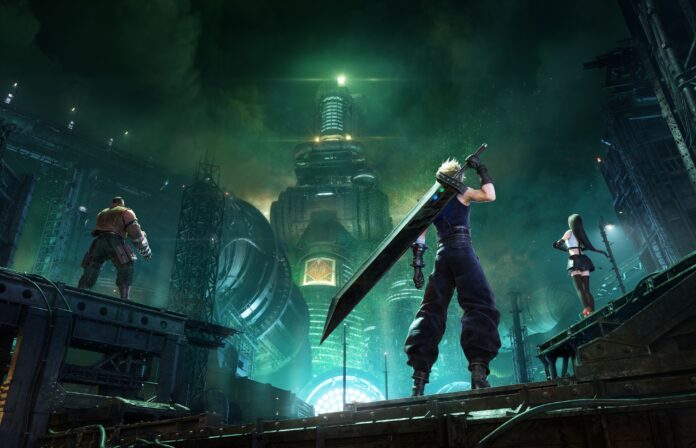 Cloud, Tifa และ Barret ยืนมองเตาปฏิกรณ์ Shinra ในเมือง Midgar
