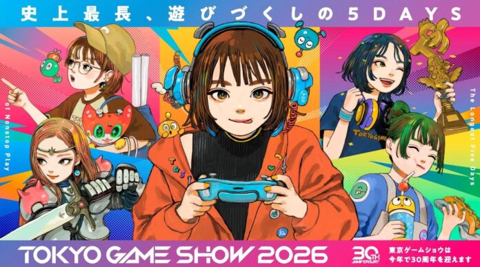 ภาพโปรโมตงาน Tokyo Game Show 2026 ตัวละครอนิเมะ กำลังสวมหูฟังและเล่นเกม