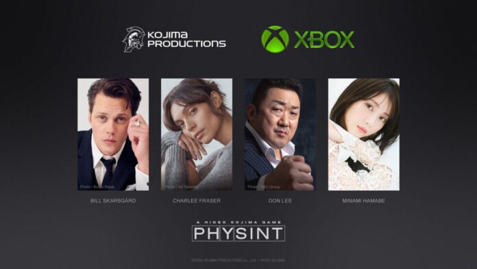 ภาพโปรโมตเกม PHYSINT แสดงโลโก้ Kojima Productions, Xbox และภาพถ่ายนักแสดงหลัก 4 คน ได้แก่ Bill Skarsgård, Charlee Fraser, Don Lee และ Minami Hamabe