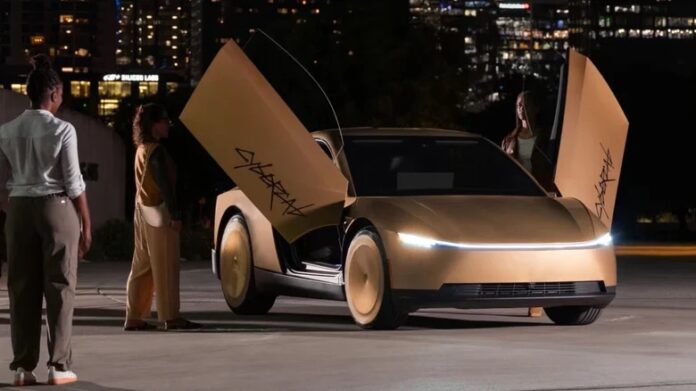Tesla Cybercab แท็กซี่ไร้คนขับสีทองเปิดประตูพร้อมใช้งาน
