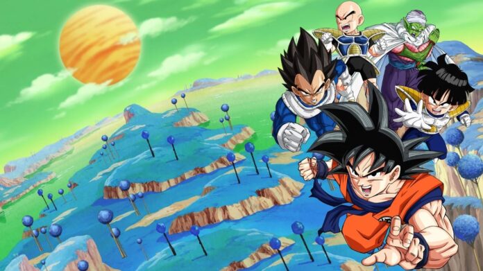 ภาพรวมตัวละคร Dragon Ball ได้แก่ โกคู, เบจิต้า, โกฮัง, พิกโกโร่ และคุริริน บนพื้นหลัง