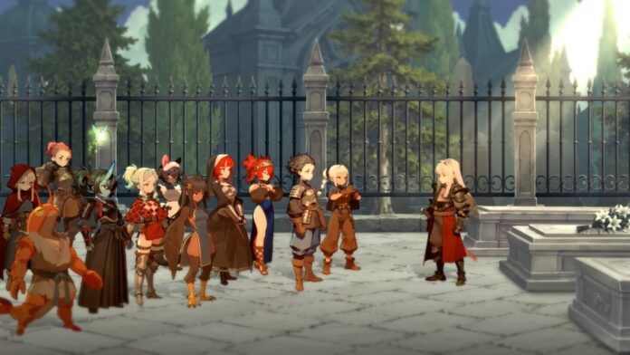 ภาพตัวอย่างเกม DAWNGAZER เผยให้เห็นกลุ่มตัวละครดีไซน์สไตล์อนิเมะในฉากสุสาน
