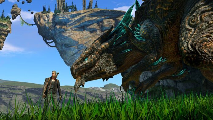 ตัวละครหลักยืนคู่กับมังกรยักษ์ในภาพโปรโมตเกม Scalebound