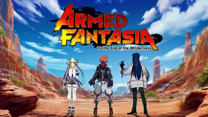ภาพโปรโมตเกม Armed Fantasia ตัวละครหลัก 3 คนยืนหันหลังอยู่ในหุบเขา