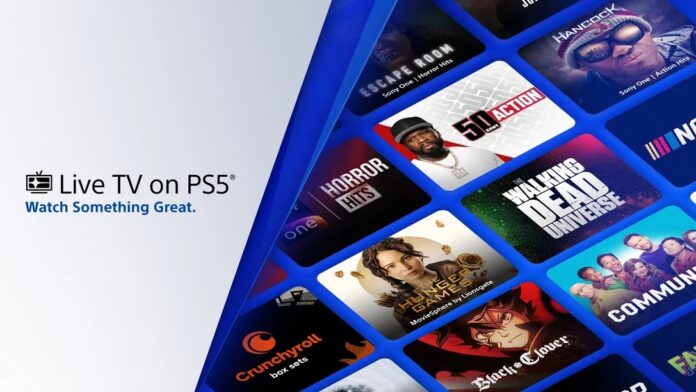 ภาพโปรโมตบริการ Live TV on PS5 แสดงโลโก้และตัวอย่างช่องรายการ