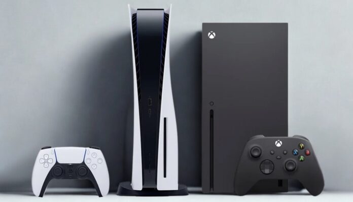 เครื่องเกมคอนโซล PlayStation 5 และ Xbox Series X พร้อมจอยคอนโทรลเลอร์ตั้งคู่กัน