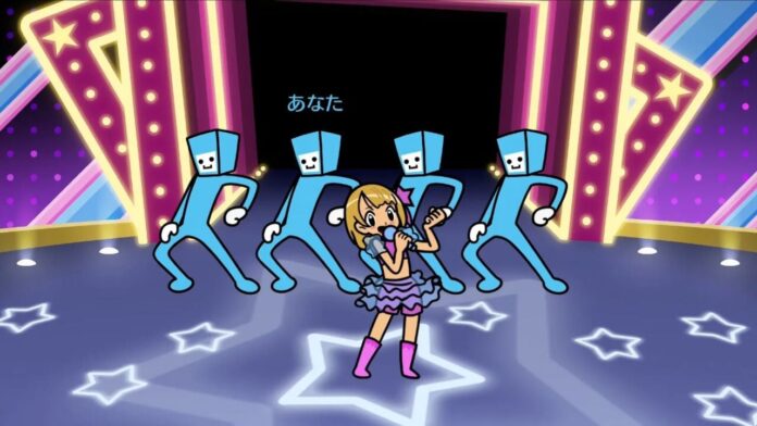 ภาพเกม Rhythm Heaven Groove แสดงตัวละครนักร้องสาวและแดนเซอร์บนเวทีแสงไฟนีออน