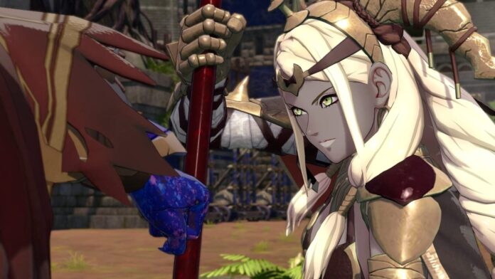 ภาพตัวละครหญิงผมยาวสีบลอนด์ ถือหอกในเกม Fire Emblem: Fortune's Weave