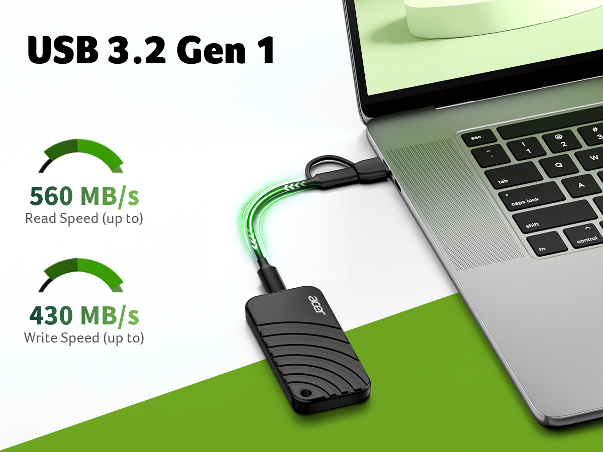 Acer PA100 เชื่อมต่อกับโน้ตบุ๊กผ่านสาย USB พร้อมแสดงความเร็วอ่านและเขียนสูงสุด