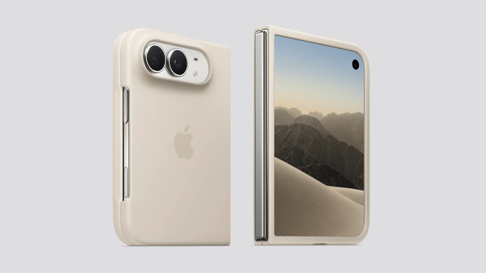 iPhone Duo ใส่เคสสีครีมแบบสองชิ้น แสดงด้านหน้าและด้านหลังขณะพับเครื่อง