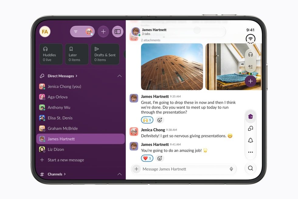 iPhone Duo กางจอแนวนอนแสดงรายชื่อผู้ติดต่อและบทสนทนาในแอป Slack