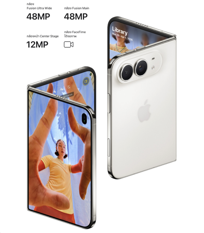 iPhone Duo แสดงกล้องหลัง Fusion Main และ Ultra Wide 48MP กล้องหน้า Center Stage 12MP และกล้อง FaceTime ใต้จอ