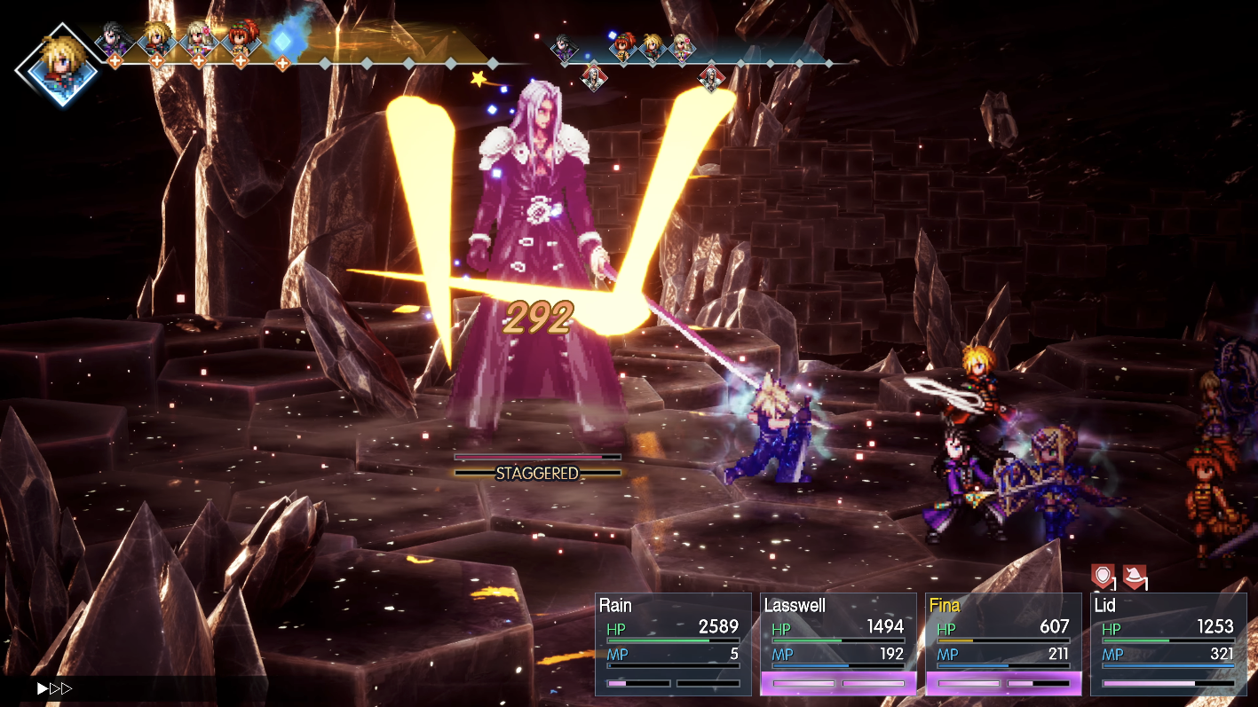 Sephiroth ติดสถานะ Stagger ขณะถูกกลุ่มตัวละครโจมตีใน FINAL FANTASY RESONANCE