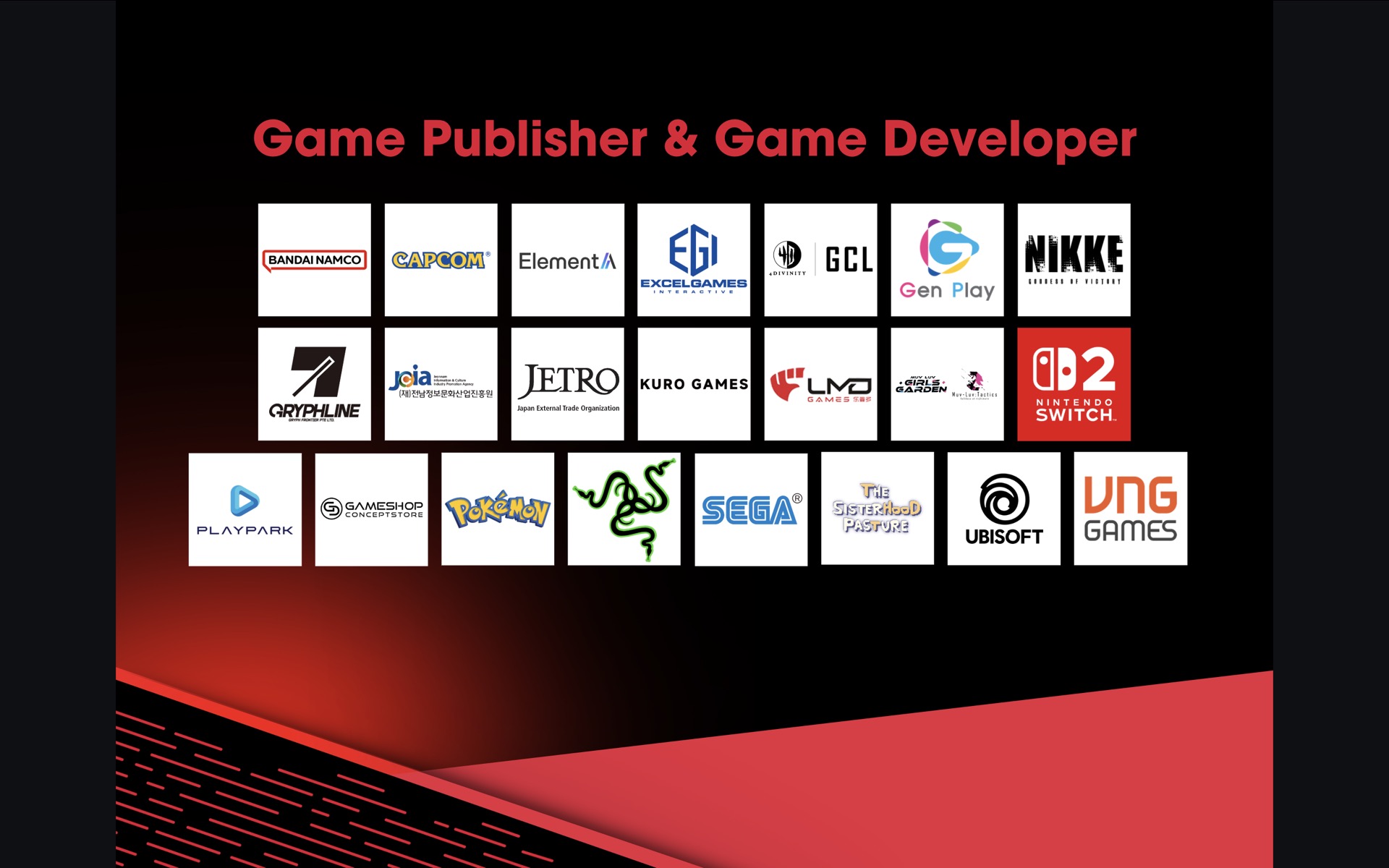 โลโก้ค่ายเกมและผู้พัฒนาเกมที่เข้าร่วม gamescom asia x Thailand Game Show 2026