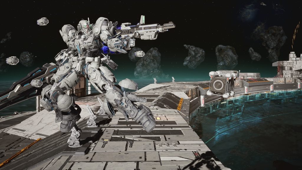 Gundam Helix วิ่งอยู่บนโครงสร้างของฐานอวกาศ