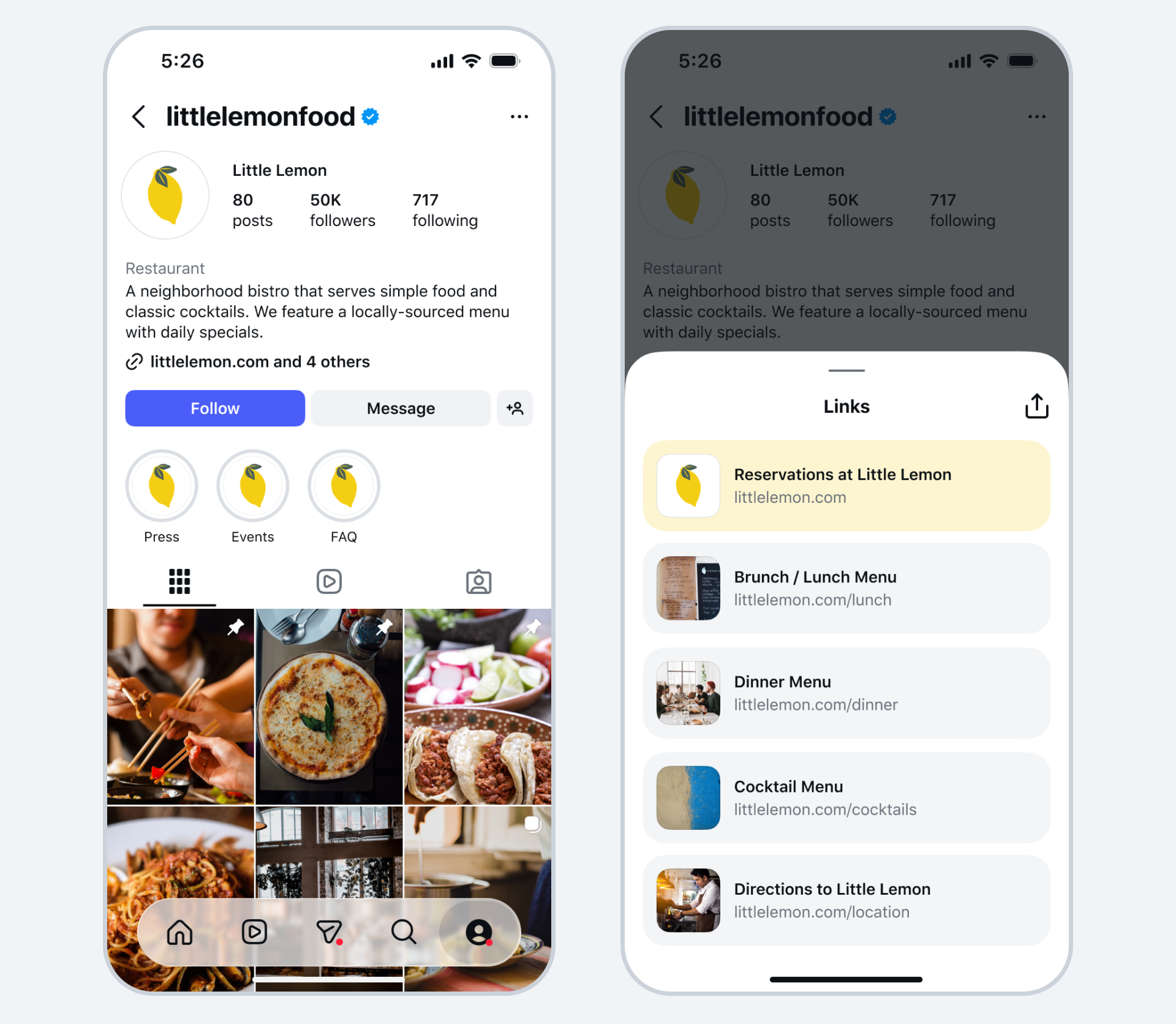 ตัวอย่างหน้าโปรไฟล์ Instagram และหน้า Links ที่รวมลิงก์หลายรายการ