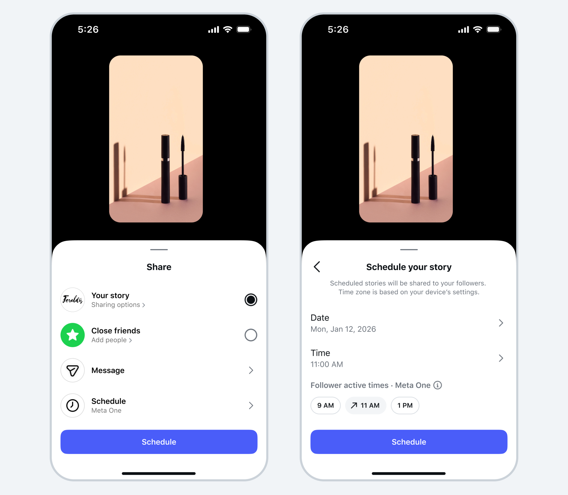 ตัวอย่างหน้าตั้งเวลาเผยแพร่ Instagram Stories ล่วงหน้า