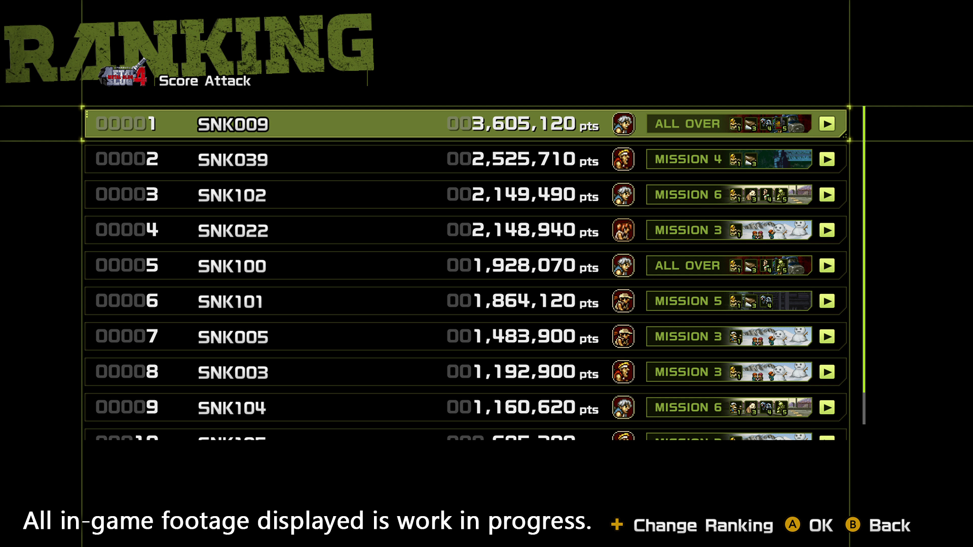 หน้าจอตารางอันดับ Score Attack ของ METAL SLUG 4 ในชุด ULTIMATE COLLECTION