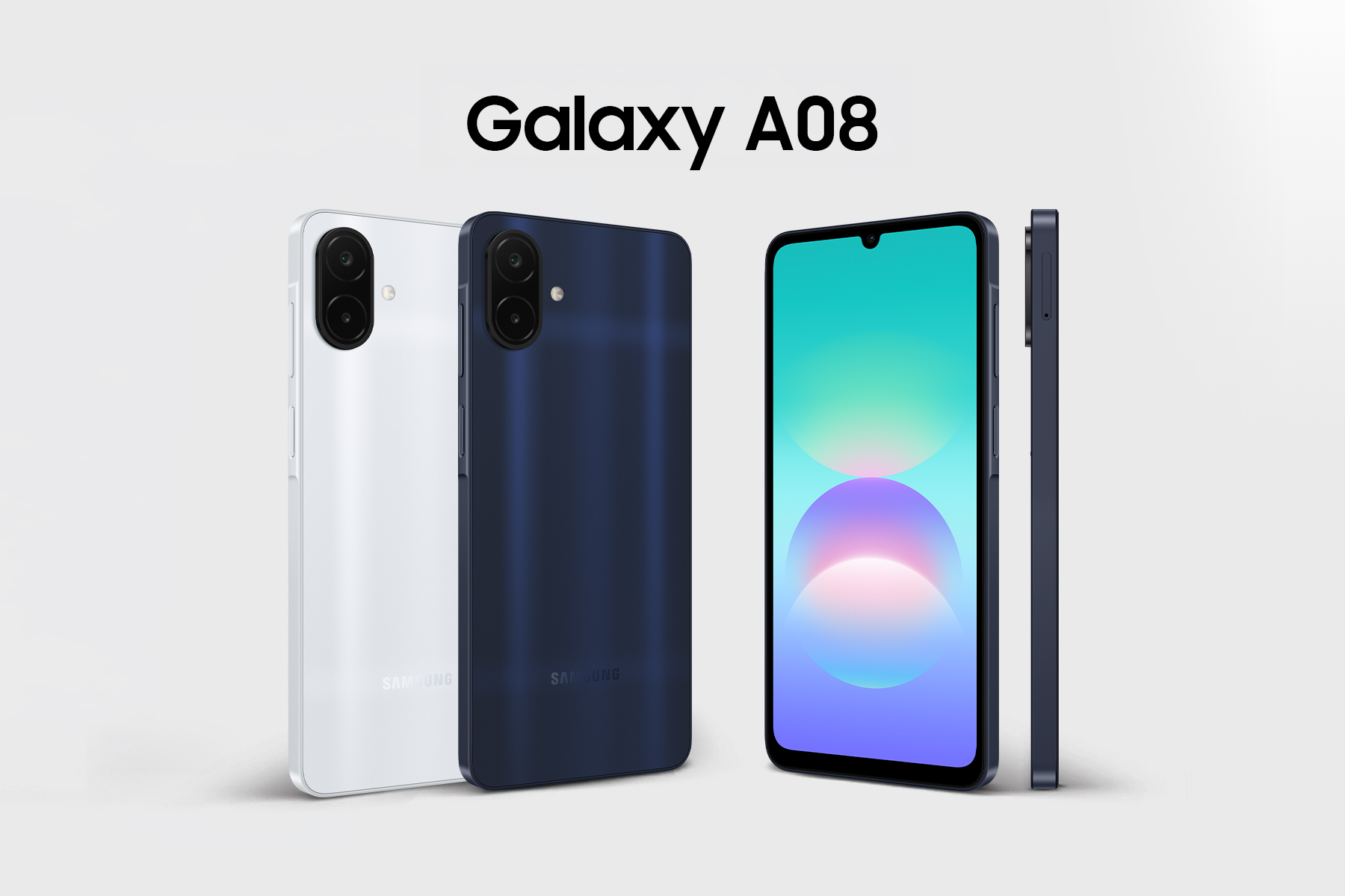 Samsung Galaxy A08 สี Dark Blue และ Silver ในมุมด้านหน้า ด้านหลัง และด้านข้าง