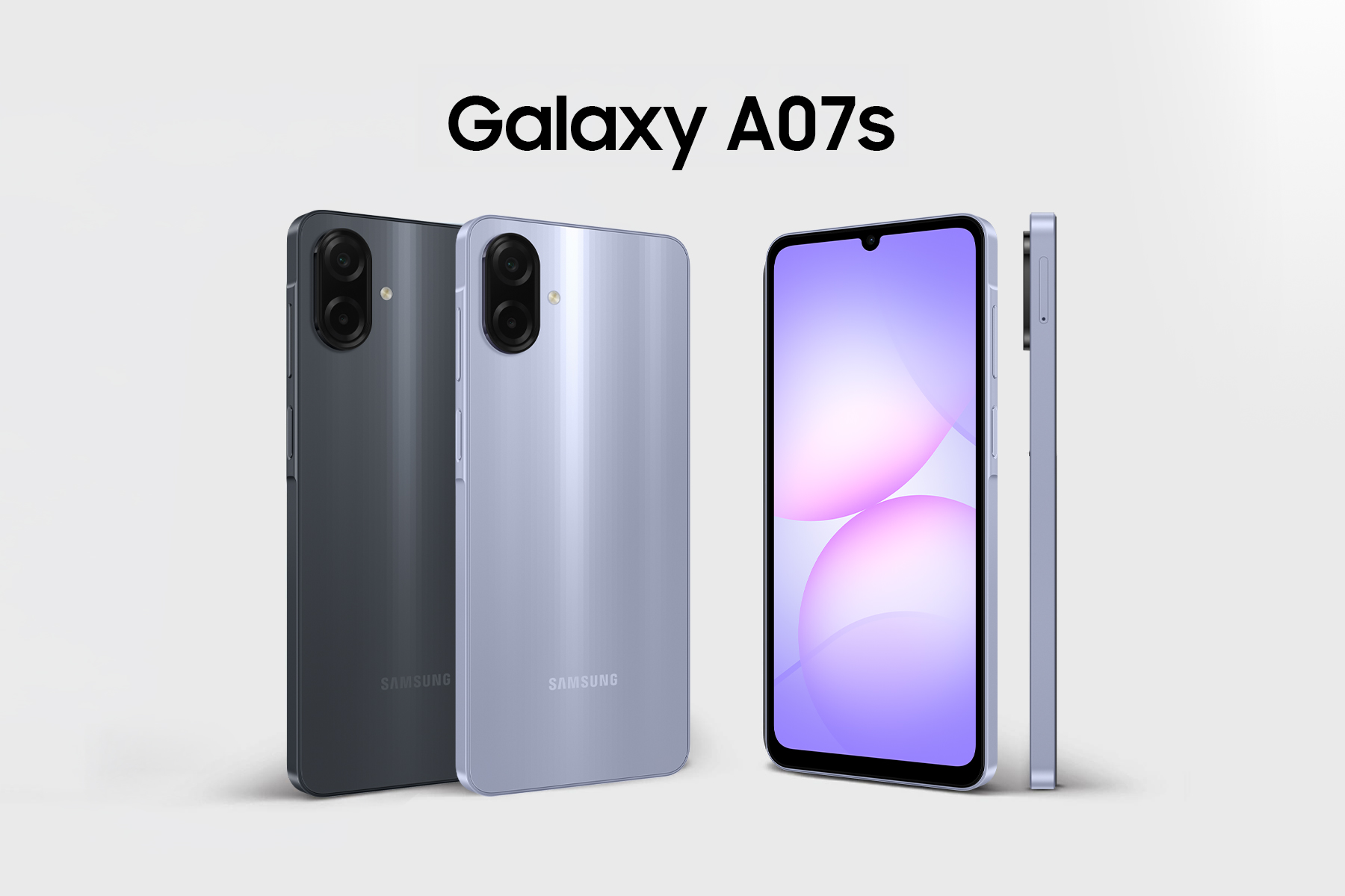 Samsung Galaxy A07s สี Black และ Light Violet ในมุมด้านหน้า ด้านหลัง และด้านข้าง