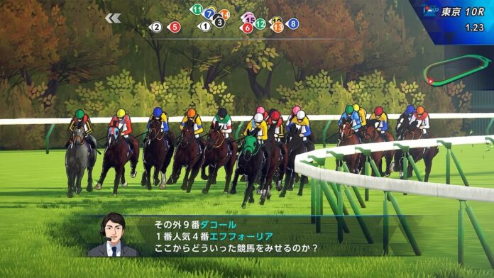 ภาพเกมแข่งม้า Derby Stallion 2 ขณะม้าแข่งกำลังวิ่งในสนาม